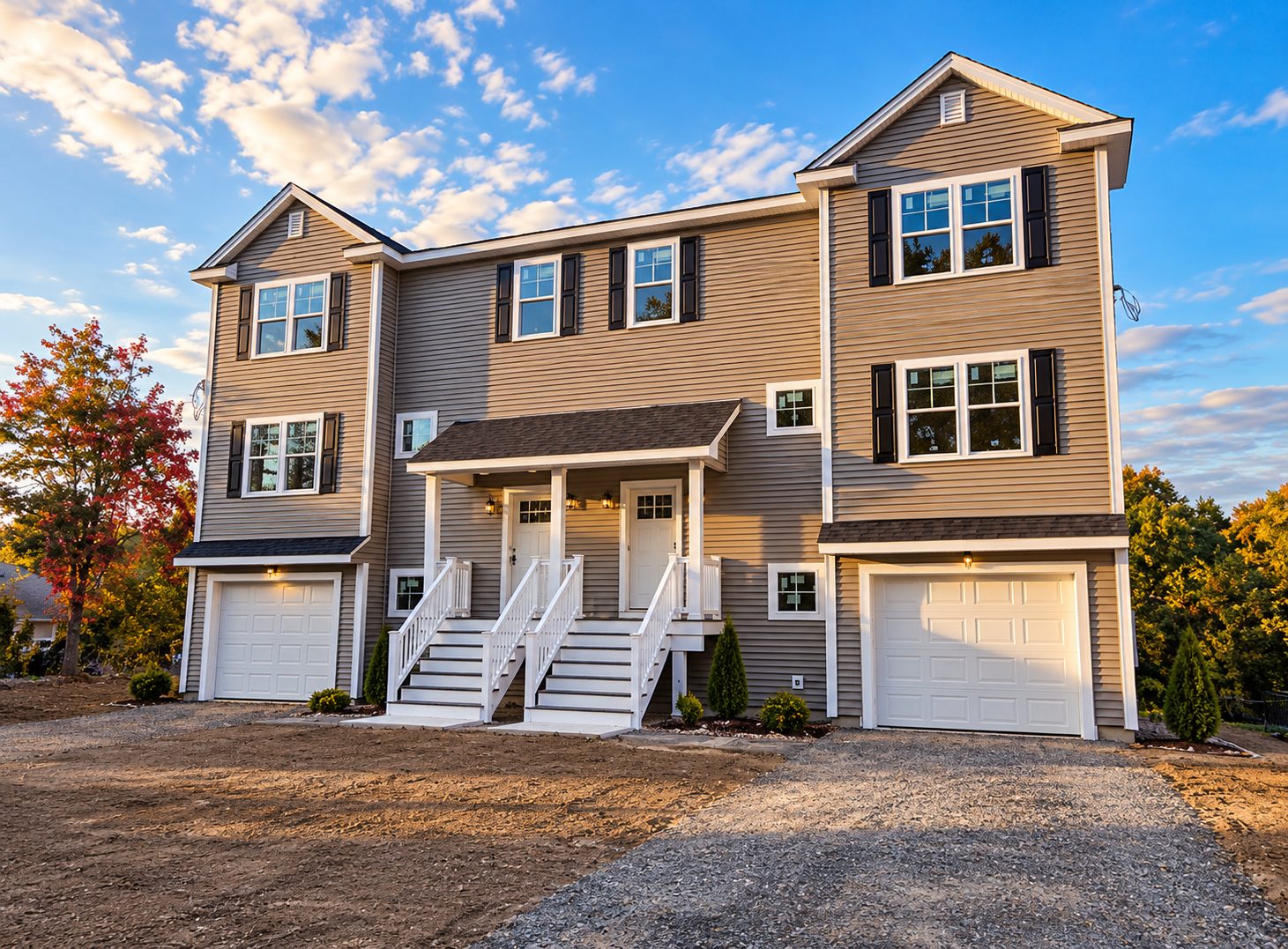 Finished two-family home with tan vinyl siding, white trim and black shutters
