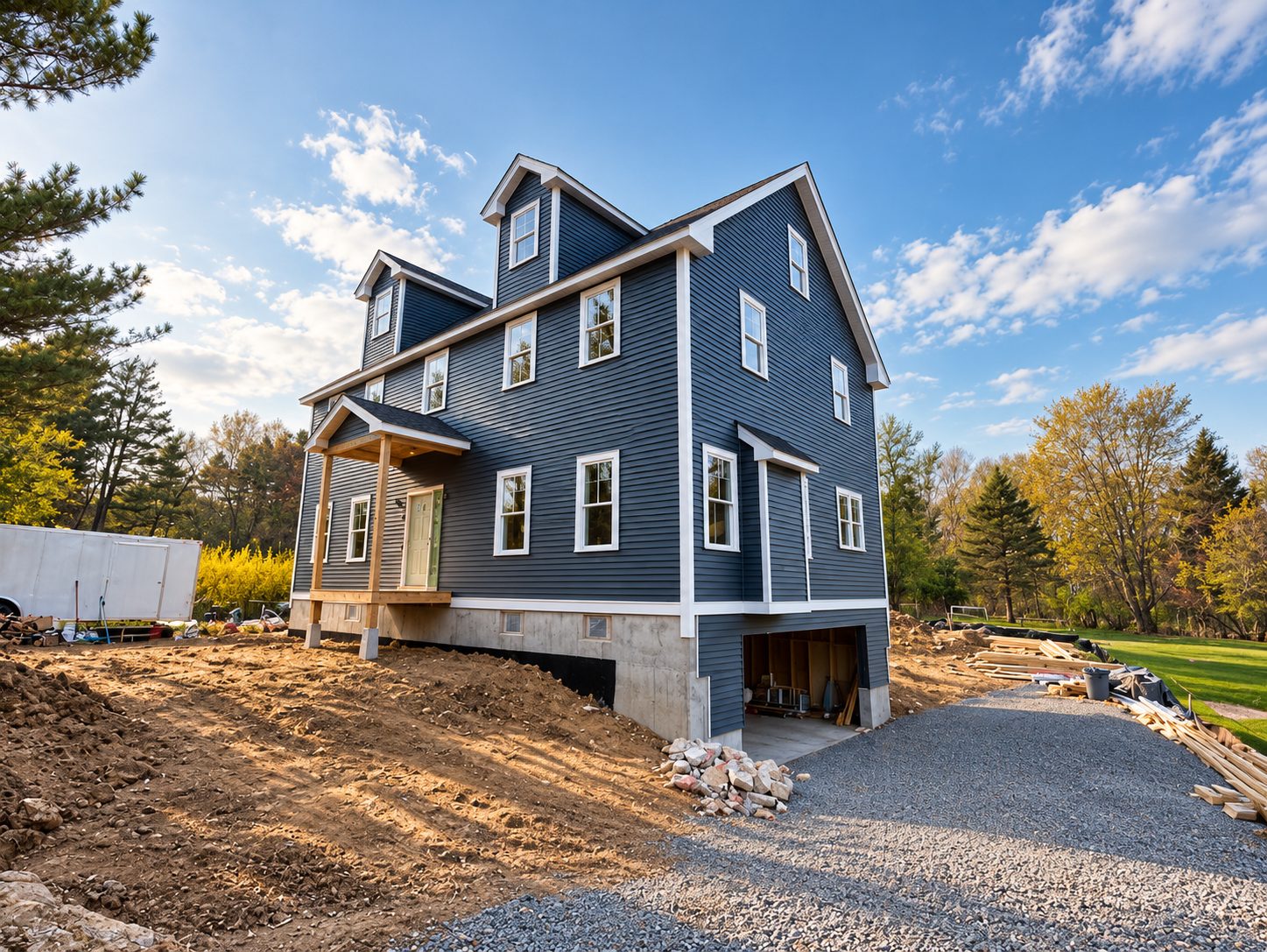 New home with navy vinyl lap siding and white trim