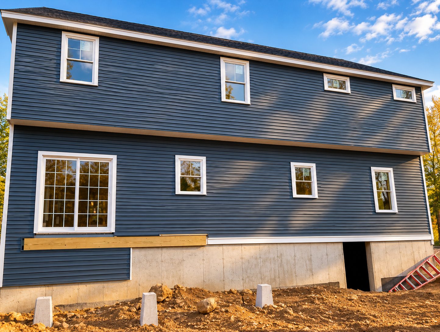 Side wall of the navy-sided home showing straight lap courses
