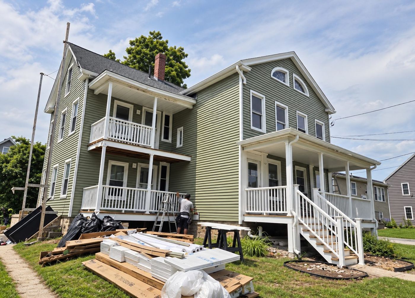 The same home after, with sage green vinyl lap siding