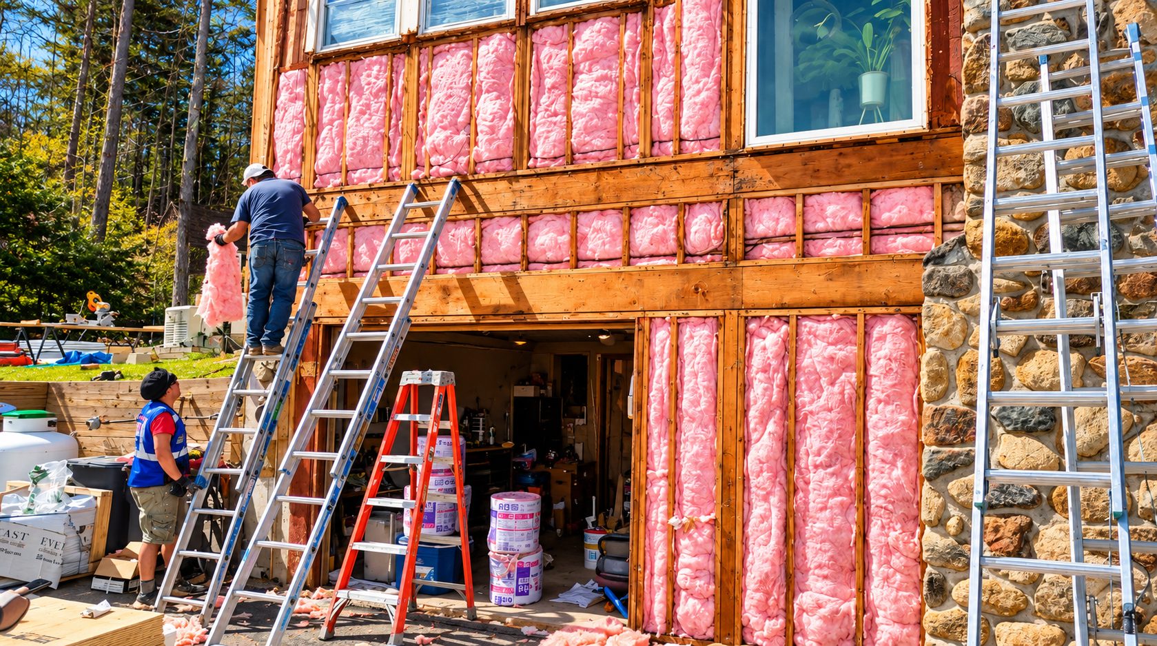 Crew installing insulation in the open wall cavities