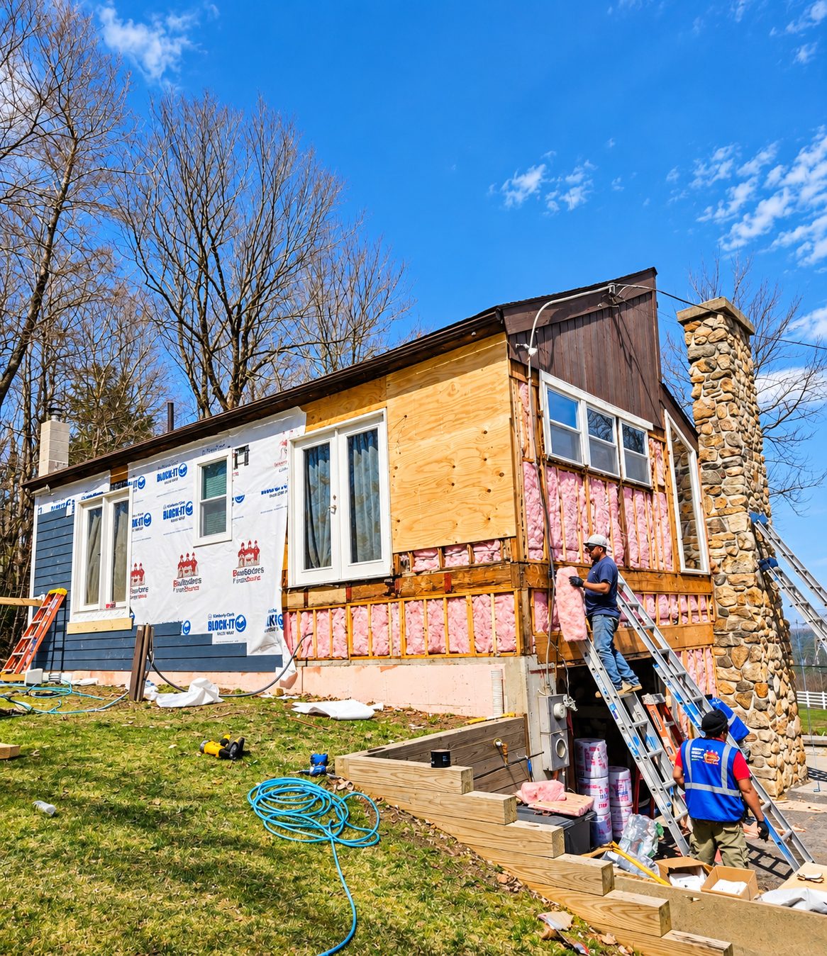 Crew removing old siding and exposing the wall framing