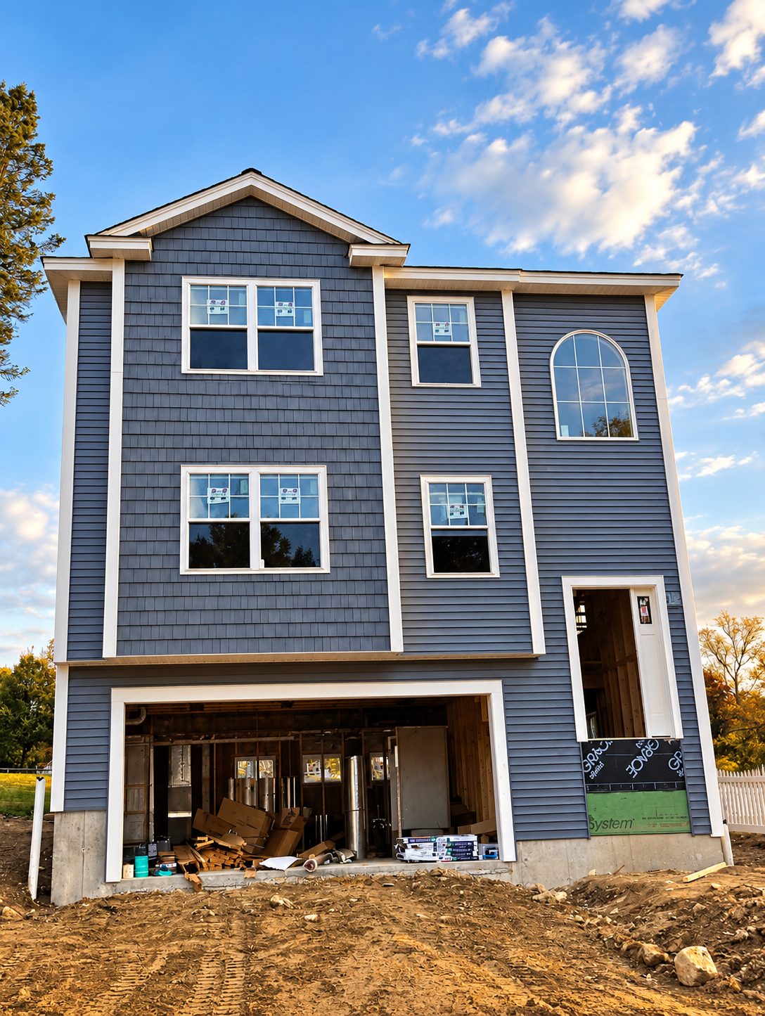 Home with navy vinyl lap siding and shake siding on the upper section